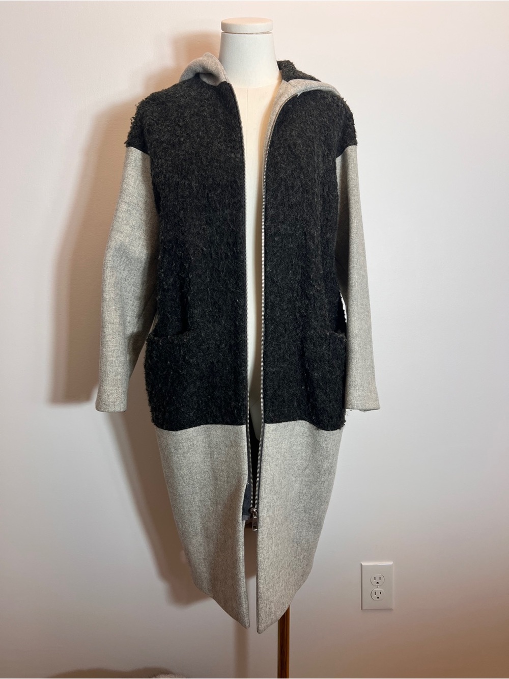 Whistles woolWomen's Two-Tone Hooded Coat - Black & Light Gray